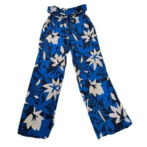 Loft Pants‎ Womens Medium Blue Floral Cropped Belted Dress Pants Boho